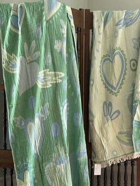 2 PC Throw Blanket Set Bluesy Green Solid 50x60 and Green Hearts 40x78 Twin XL